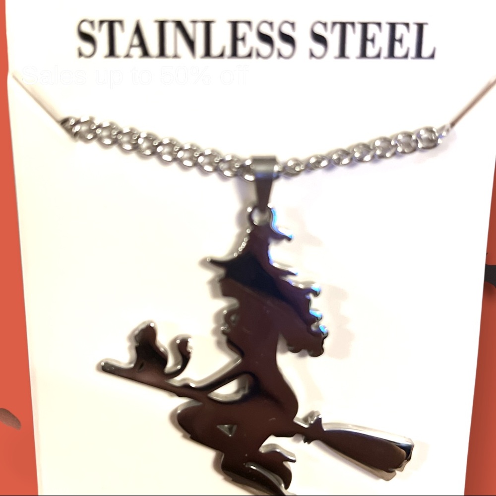 Vintage Witch Broom Cat Stainless Steel Necklace - Picture 14 of 16